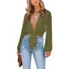 imageLYANER Womens Deep V Neck Tie Front Knot Long Sleeve Sexy Wrap Crop Top Blouse Army Green XLarge
