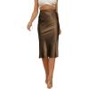 imageLYANER Womens Satin Silk High Waist Side Zipper Up Ruffle Hem Flared Midi SkirtBrown