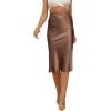 imageLYANER Womens Satin Silk High Waist Side Zipper Up Ruffle Hem Flared Midi SkirtCamel