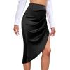 imageLYANER Womens Satin Skily Asymmetrical Split Slit Ruched Hight Waist Bodycon Midi SkirtBlack