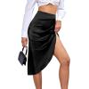imageLYANER Womens Satin Skily Asymmetrical Split Slit Ruched Hight Waist Bodycon Midi SkirtBlack