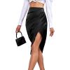 imageLYANER Womens Satin Skily Asymmetrical Split Slit Ruched Hight Waist Bodycon Midi SkirtBlack