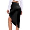 imageLYANER Womens Satin Skily Asymmetrical Split Slit Ruched Hight Waist Bodycon Midi SkirtBlack