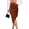 imageLYANER Womens Satin Skily Asymmetrical Split Slit Ruched Hight Waist Bodycon Midi SkirtBrown