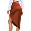 imageLYANER Womens Satin Skily Asymmetrical Split Slit Ruched Hight Waist Bodycon Midi SkirtBrown