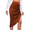 imageLYANER Womens Satin Skily Asymmetrical Split Slit Ruched Hight Waist Bodycon Midi SkirtBrown