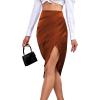 imageLYANER Womens Satin Skily Asymmetrical Split Slit Ruched Hight Waist Bodycon Midi SkirtBrown