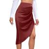 imageLYANER Womens Satin Skily Asymmetrical Split Slit Ruched Hight Waist Bodycon Midi SkirtBurgundy