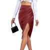 imageLYANER Womens Satin Skily Asymmetrical Split Slit Ruched Hight Waist Bodycon Midi SkirtBurgundy