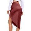 imageLYANER Womens Satin Skily Asymmetrical Split Slit Ruched Hight Waist Bodycon Midi SkirtBurgundy