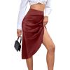imageLYANER Womens Satin Skily Asymmetrical Split Slit Ruched Hight Waist Bodycon Midi SkirtBurgundy