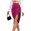 imageLYANER Womens Satin Skily Asymmetrical Split Slit Ruched Hight Waist Bodycon Midi SkirtDark Purple