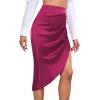 imageLYANER Womens Satin Skily Asymmetrical Split Slit Ruched Hight Waist Bodycon Midi SkirtDark Purple