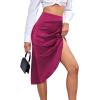imageLYANER Womens Satin Skily Asymmetrical Split Slit Ruched Hight Waist Bodycon Midi SkirtDark Purple