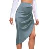 imageLYANER Womens Satin Skily Asymmetrical Split Slit Ruched Hight Waist Bodycon Midi SkirtDusty Blue