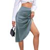 imageLYANER Womens Satin Skily Asymmetrical Split Slit Ruched Hight Waist Bodycon Midi SkirtDusty Blue