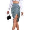 imageLYANER Womens Satin Skily Asymmetrical Split Slit Ruched Hight Waist Bodycon Midi SkirtDusty Blue