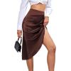 imageLYANER Womens Satin Skily Asymmetrical Split Slit Ruched Hight Waist Bodycon Midi SkirtDusty Brown