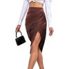 imageLYANER Womens Satin Skily Asymmetrical Split Slit Ruched Hight Waist Bodycon Midi SkirtDusty Brown