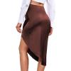 imageLYANER Womens Satin Skily Asymmetrical Split Slit Ruched Hight Waist Bodycon Midi SkirtDusty Brown