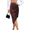 imageLYANER Womens Satin Skily Asymmetrical Split Slit Ruched Hight Waist Bodycon Midi SkirtDusty Brown