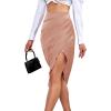 imageLYANER Womens Satin Skily Asymmetrical Split Slit Ruched Hight Waist Bodycon Midi SkirtDusty Pink