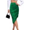 imageLYANER Womens Satin Skily Asymmetrical Split Slit Ruched Hight Waist Bodycon Midi SkirtGreen