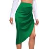 imageLYANER Womens Satin Skily Asymmetrical Split Slit Ruched Hight Waist Bodycon Midi SkirtGreen