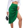 imageLYANER Womens Satin Skily Asymmetrical Split Slit Ruched Hight Waist Bodycon Midi SkirtGreen