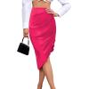 imageLYANER Womens Satin Skily Asymmetrical Split Slit Ruched Hight Waist Bodycon Midi SkirtHot Pink