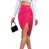 imageLYANER Womens Satin Skily Asymmetrical Split Slit Ruched Hight Waist Bodycon Midi SkirtHot Pink