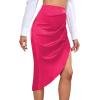 imageLYANER Womens Satin Skily Asymmetrical Split Slit Ruched Hight Waist Bodycon Midi SkirtHot Pink