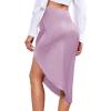 imageLYANER Womens Satin Skily Asymmetrical Split Slit Ruched Hight Waist Bodycon Midi SkirtLight Purple