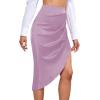 imageLYANER Womens Satin Skily Asymmetrical Split Slit Ruched Hight Waist Bodycon Midi SkirtLight Purple