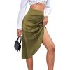 imageLYANER Womens Satin Skily Asymmetrical Split Slit Ruched Hight Waist Bodycon Midi SkirtOlive Green