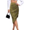 imageLYANER Womens Satin Skily Asymmetrical Split Slit Ruched Hight Waist Bodycon Midi SkirtOlive Green