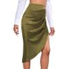 imageLYANER Womens Satin Skily Asymmetrical Split Slit Ruched Hight Waist Bodycon Midi SkirtOlive Green
