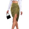 imageLYANER Womens Satin Skily Asymmetrical Split Slit Ruched Hight Waist Bodycon Midi SkirtOlive Green