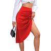 imageLYANER Womens Satin Skily Asymmetrical Split Slit Ruched Hight Waist Bodycon Midi SkirtRed