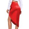 imageLYANER Womens Satin Skily Asymmetrical Split Slit Ruched Hight Waist Bodycon Midi SkirtRed