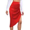imageLYANER Womens Satin Skily Asymmetrical Split Slit Ruched Hight Waist Bodycon Midi SkirtRed