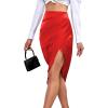 imageLYANER Womens Satin Skily Asymmetrical Split Slit Ruched Hight Waist Bodycon Midi SkirtRed