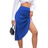 imageLYANER Womens Satin Skily Asymmetrical Split Slit Ruched Hight Waist Bodycon Midi SkirtRoyal Blue