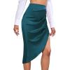 imageLYANER Womens Satin Skily Asymmetrical Split Slit Ruched Hight Waist Bodycon Midi SkirtTeal