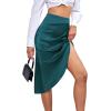 imageLYANER Womens Satin Skily Asymmetrical Split Slit Ruched Hight Waist Bodycon Midi SkirtTeal