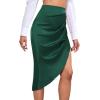 imageLYANER Womens Satin Skily Asymmetrical Split Slit Ruched Hight Waist Bodycon Midi SkirtTurquoise