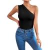 imageLYANER Womens Sexy One Shoulder Ruched Sleeveless Slim Fit Bodysuit Leotard TopBlack