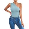 imageLYANER Womens Sexy One Shoulder Ruched Sleeveless Slim Fit Bodysuit Leotard TopLight Blue