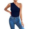 imageLYANER Womens Sexy One Shoulder Ruched Sleeveless Slim Fit Bodysuit Leotard TopNavy Blue