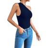 imageLYANER Womens Sexy One Shoulder Ruched Sleeveless Slim Fit Bodysuit Leotard TopNavy Blue